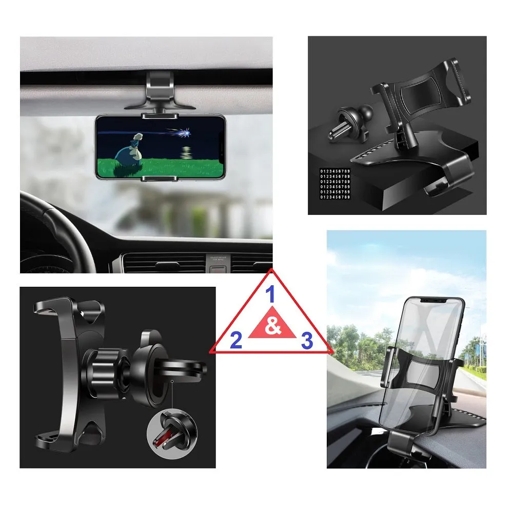 3 in 1 Car GPS Smartphone Holder: Dashboard / Visor Clamp   AC Grid Clip for Verykool Fusion I2 - Black