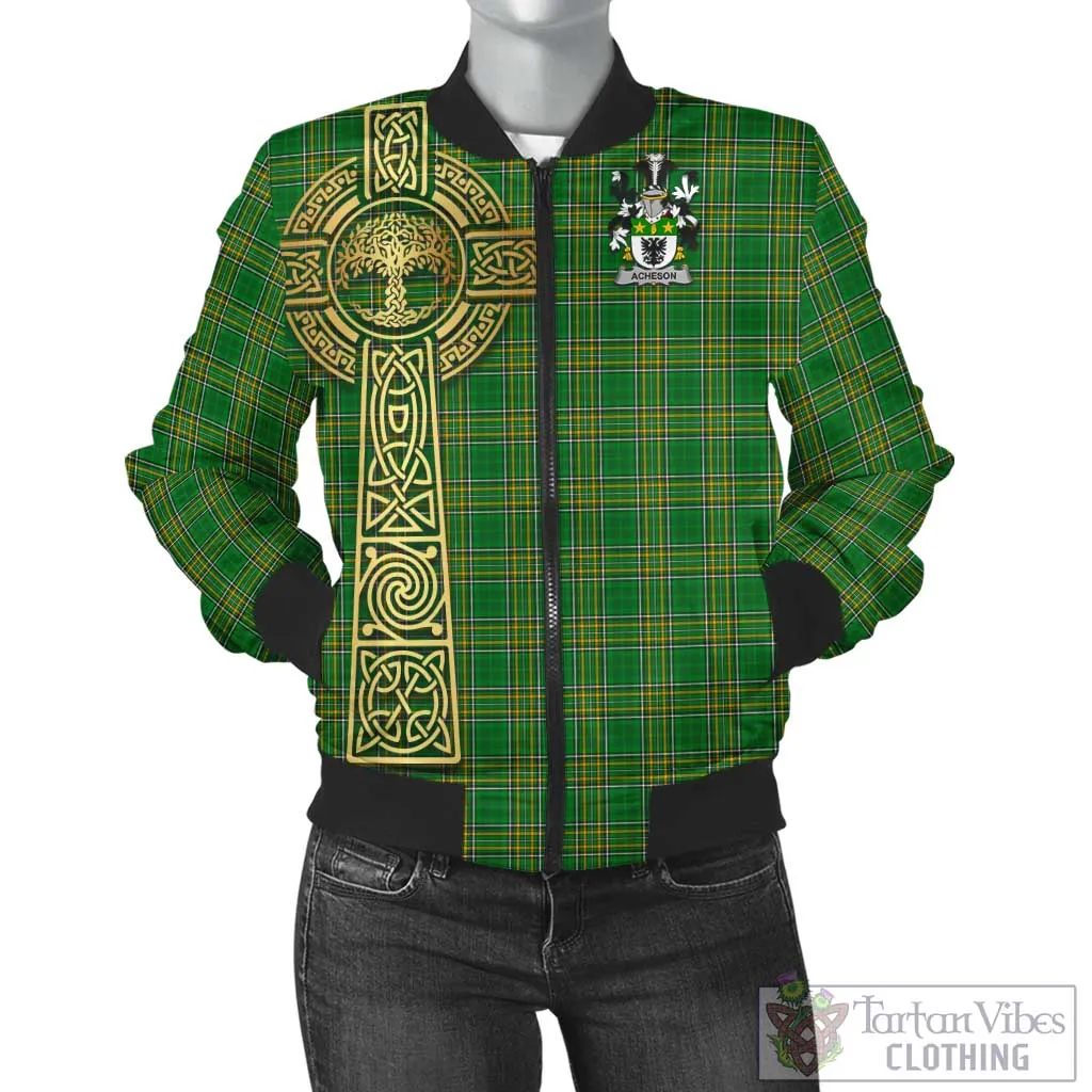 Acheson Irish Clan Tartan Bomber Jacket with Coat of Arms Celtic Tree of Life Style