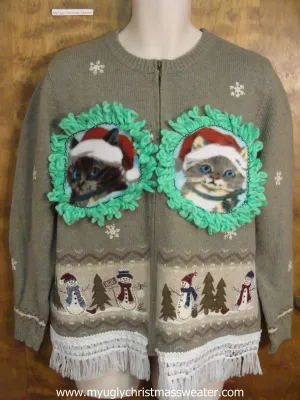 Festive Snowmen and Trees Ugly Christmas Cat Sweater