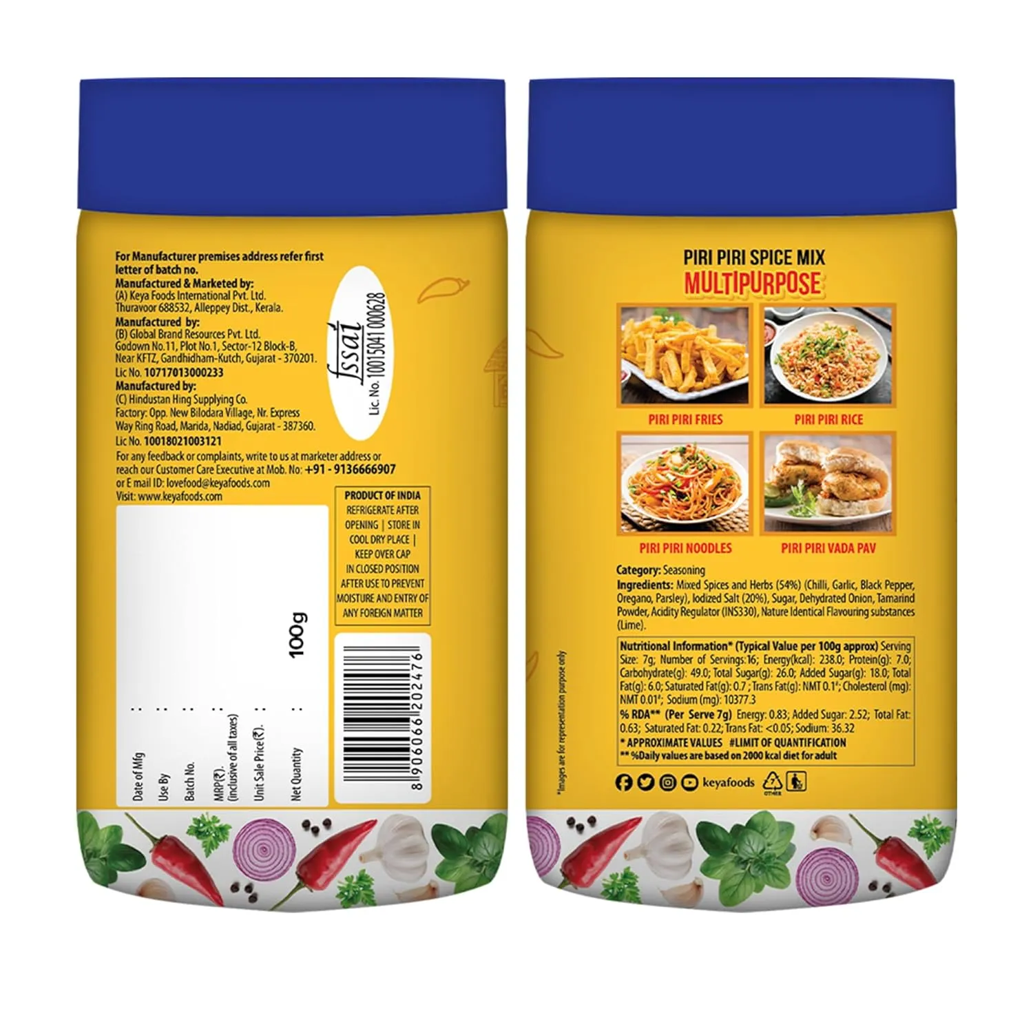 Keya Piri Piri | Peri Peri | Exotic Spice Mix | Multi-purpose Seasoning | Zero Artifical Colours | No Added MSG | Instant Seasoning Mix |Marinade Mix, Dip Mix, Sprinkler| Perfect for Fries, Sweet Corn, Makhana, Papad, Khichdi| 100g | Pack of 3