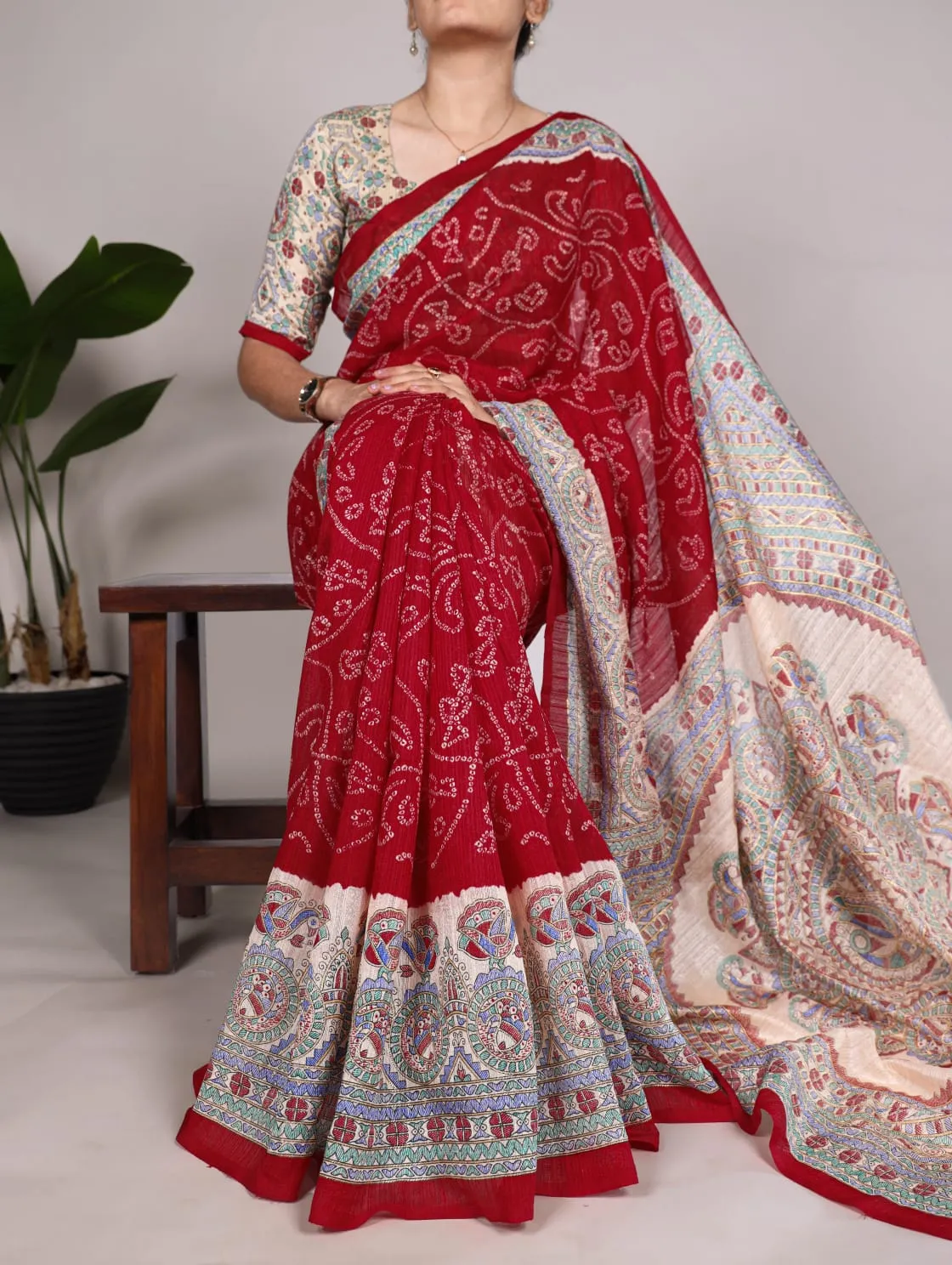 Maroon Pure Green Silk Fusion Print Of Madhubani Bandhej Print Saree