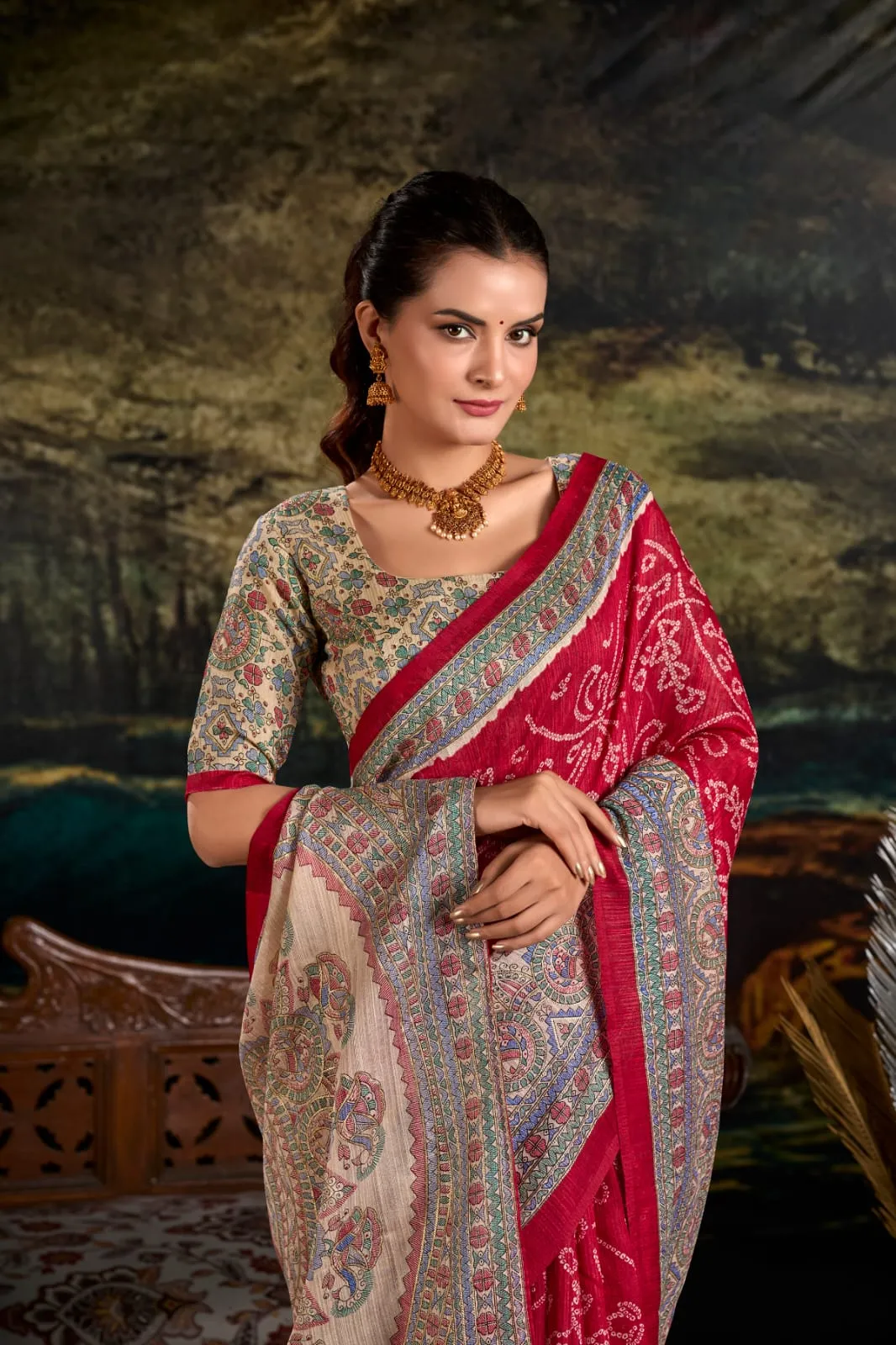 Maroon Pure Green Silk Fusion Print Of Madhubani Bandhej Print Saree