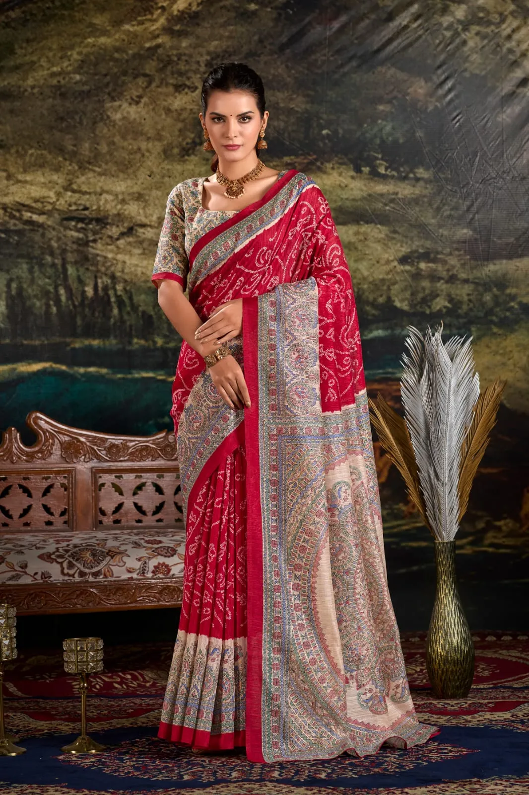 Maroon Pure Green Silk Fusion Print Of Madhubani Bandhej Print Saree