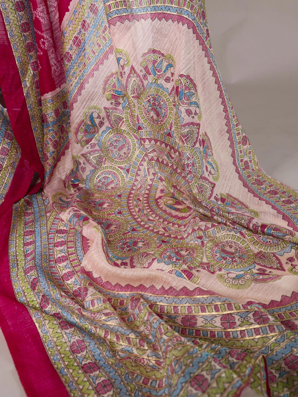 Maroon Pure Green Silk Fusion Print Of Madhubani Bandhej Print Saree