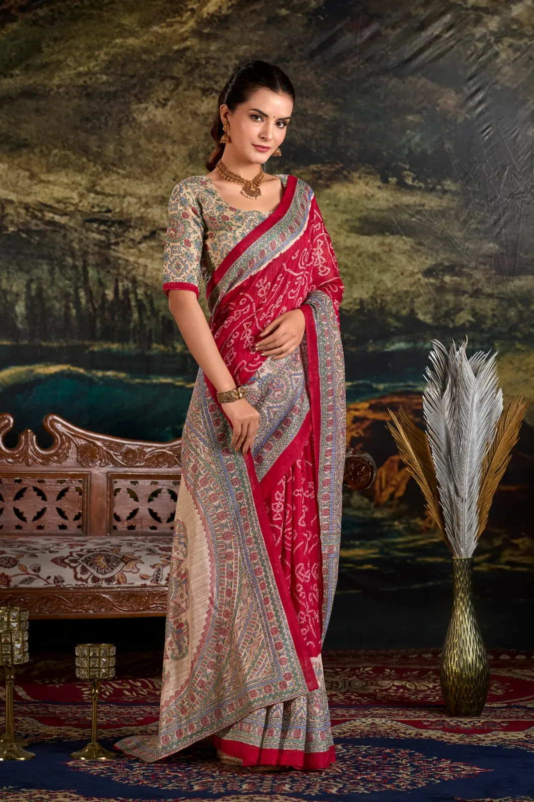 Maroon Pure Green Silk Fusion Print Of Madhubani Bandhej Print Saree