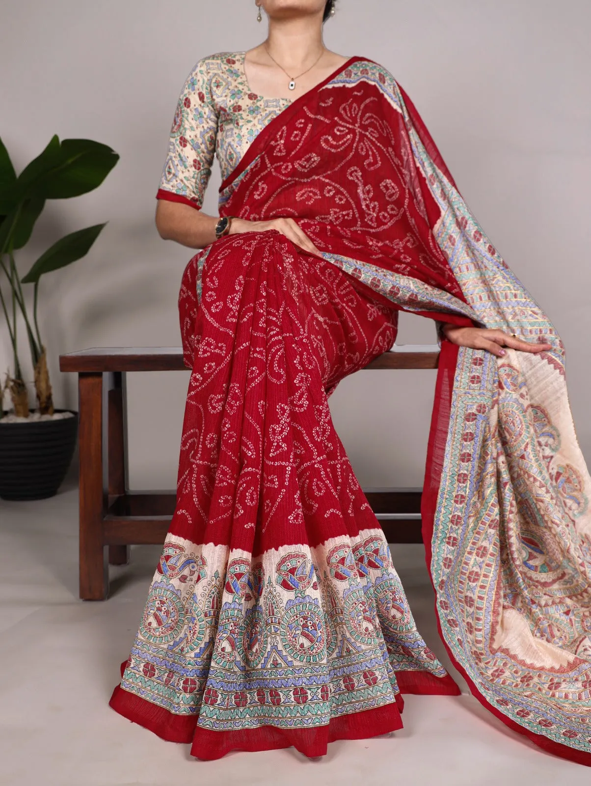 Maroon Pure Green Silk Fusion Print Of Madhubani Bandhej Print Saree