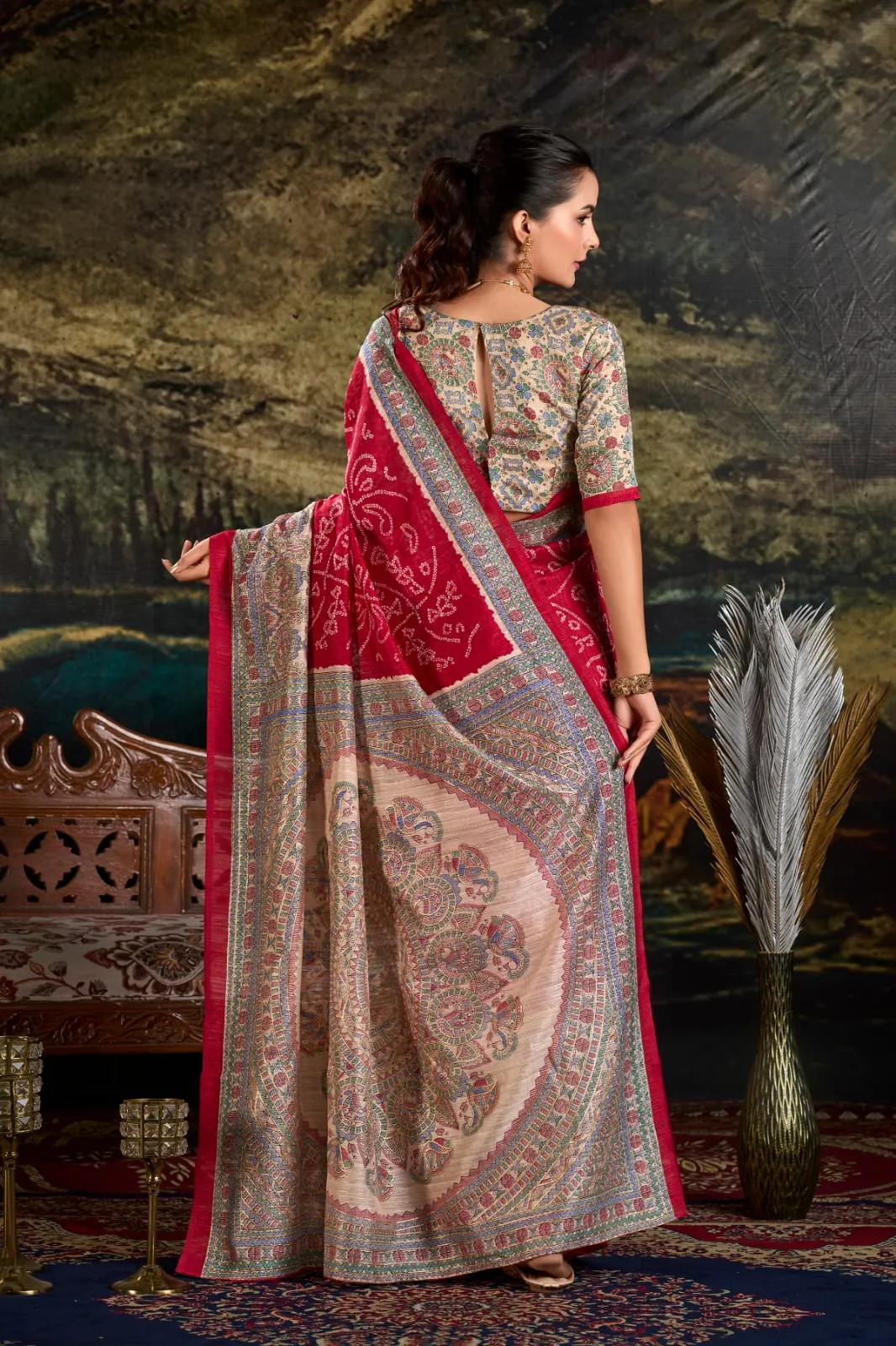 Maroon Pure Green Silk Fusion Print Of Madhubani Bandhej Print Saree