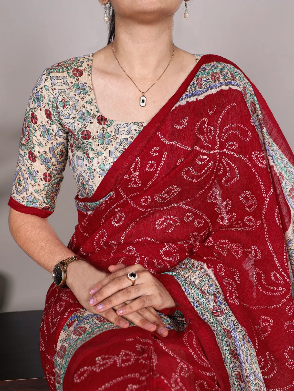 Maroon Pure Green Silk Fusion Print Of Madhubani Bandhej Print Saree