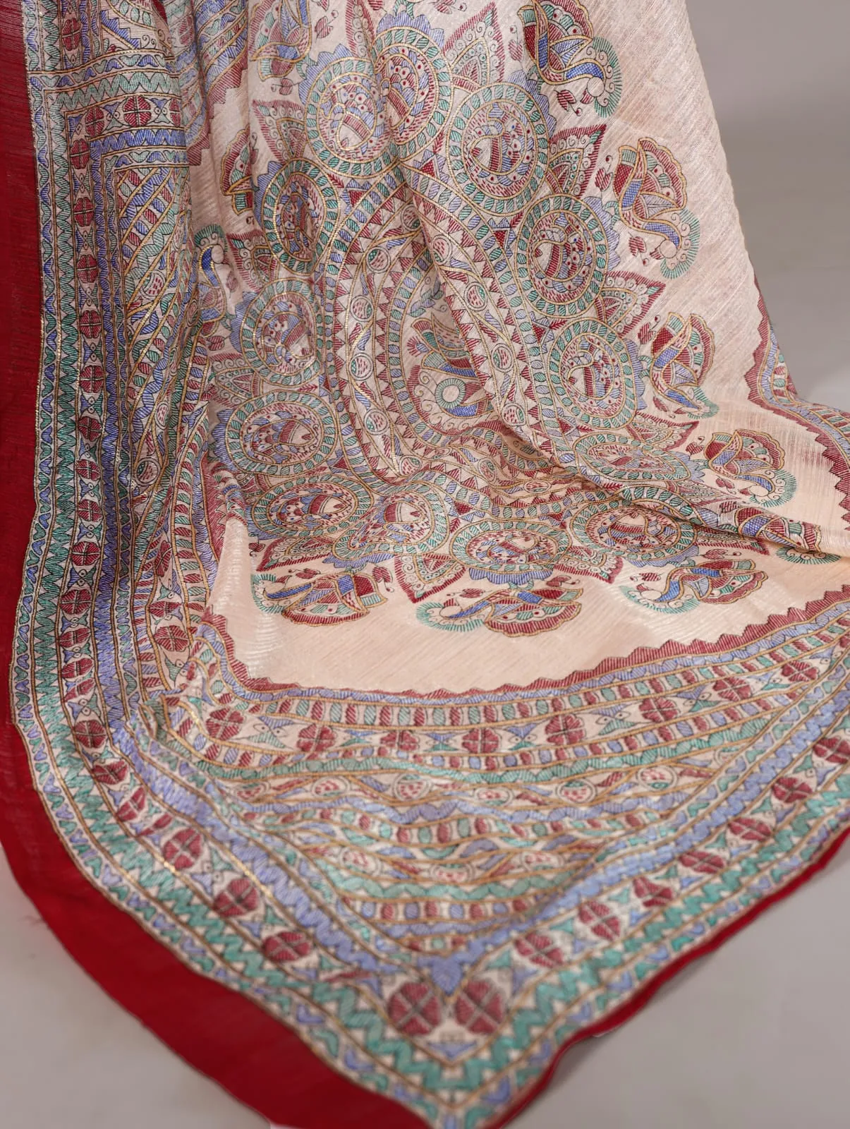 Maroon Pure Green Silk Fusion Print Of Madhubani Bandhej Print Saree