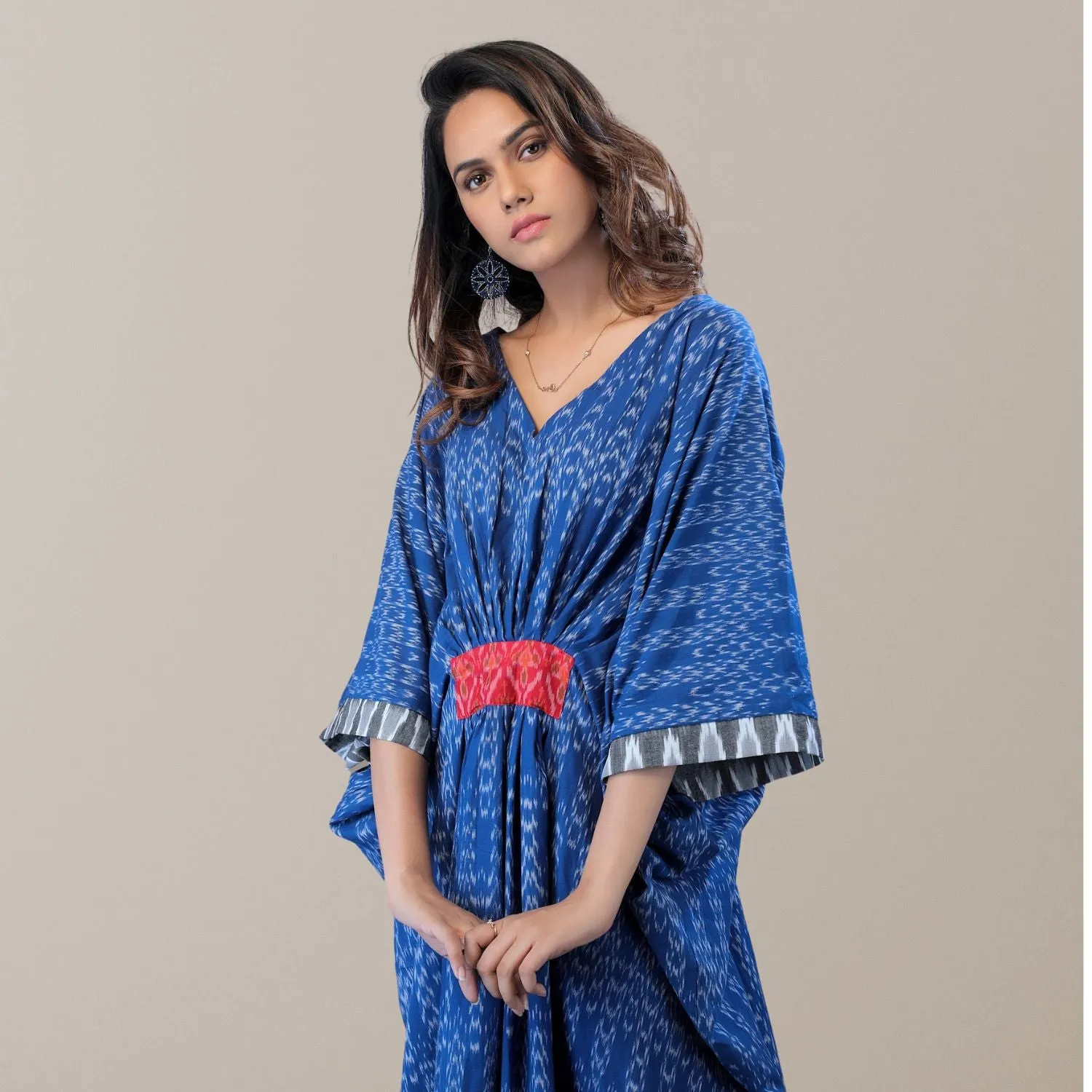 Mila Blue Ikat Kaftan Dress | Cotton | Hand-Crafted | Chic Essence