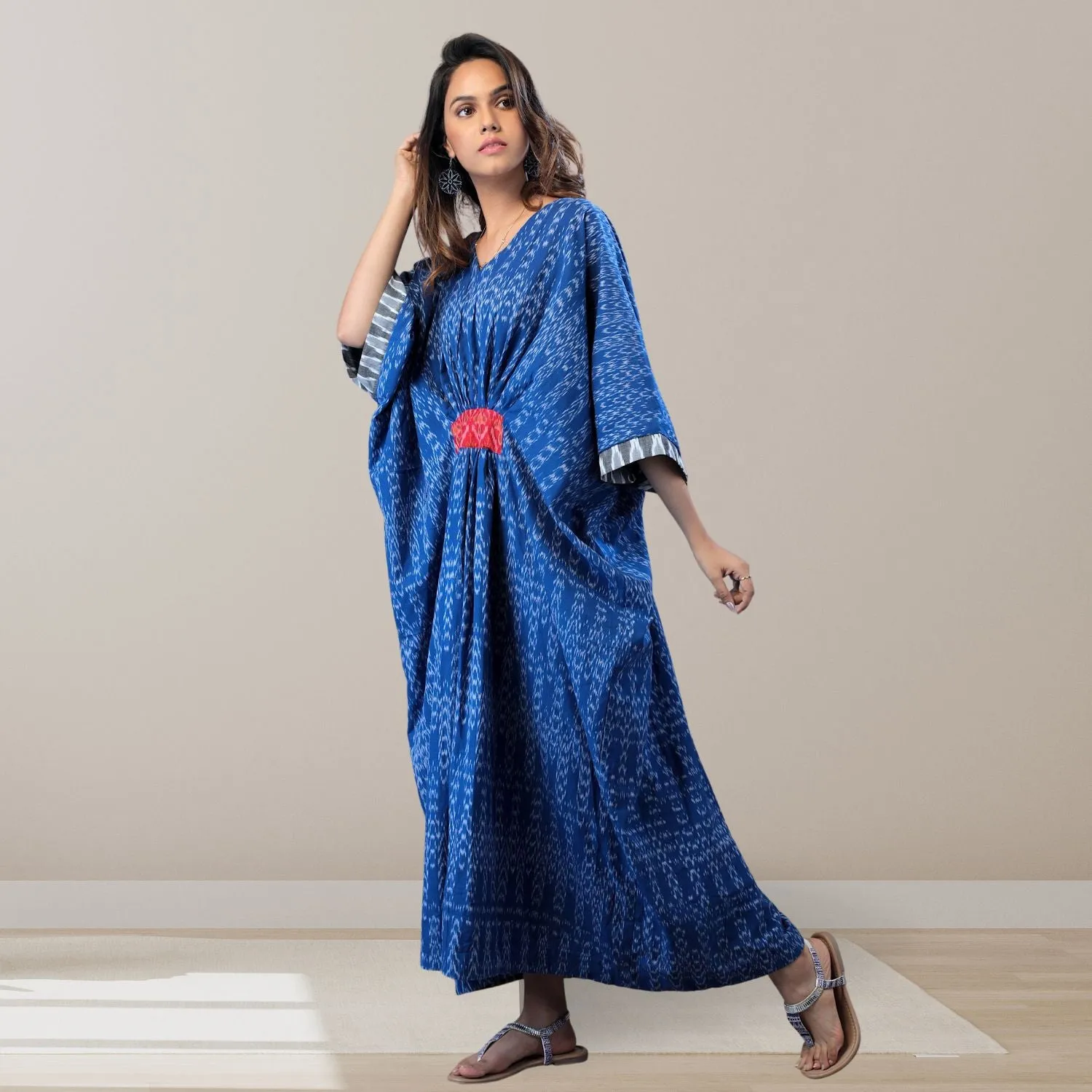 Mila Blue Ikat Kaftan Dress | Cotton | Hand-Crafted | Chic Essence