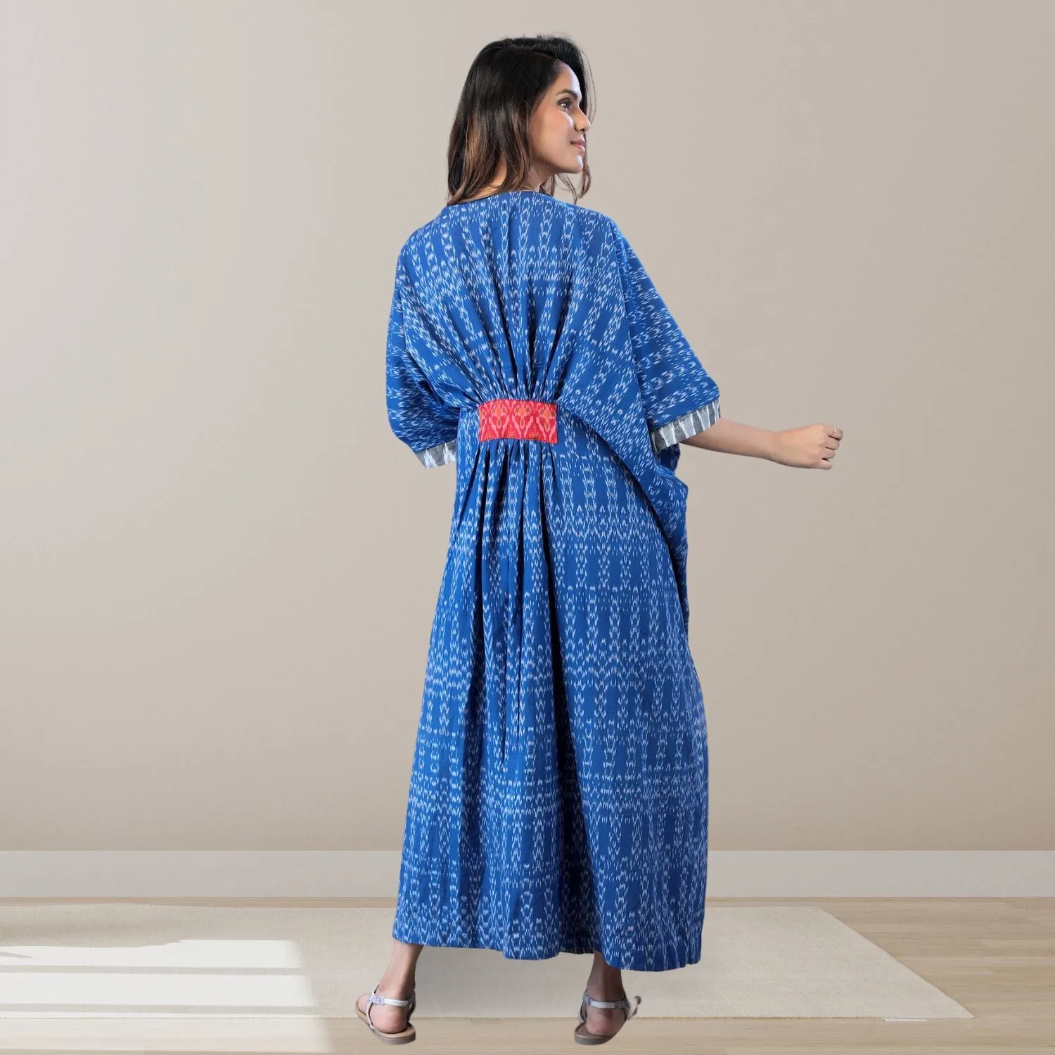 Mila Blue Ikat Kaftan Dress | Cotton | Hand-Crafted | Chic Essence