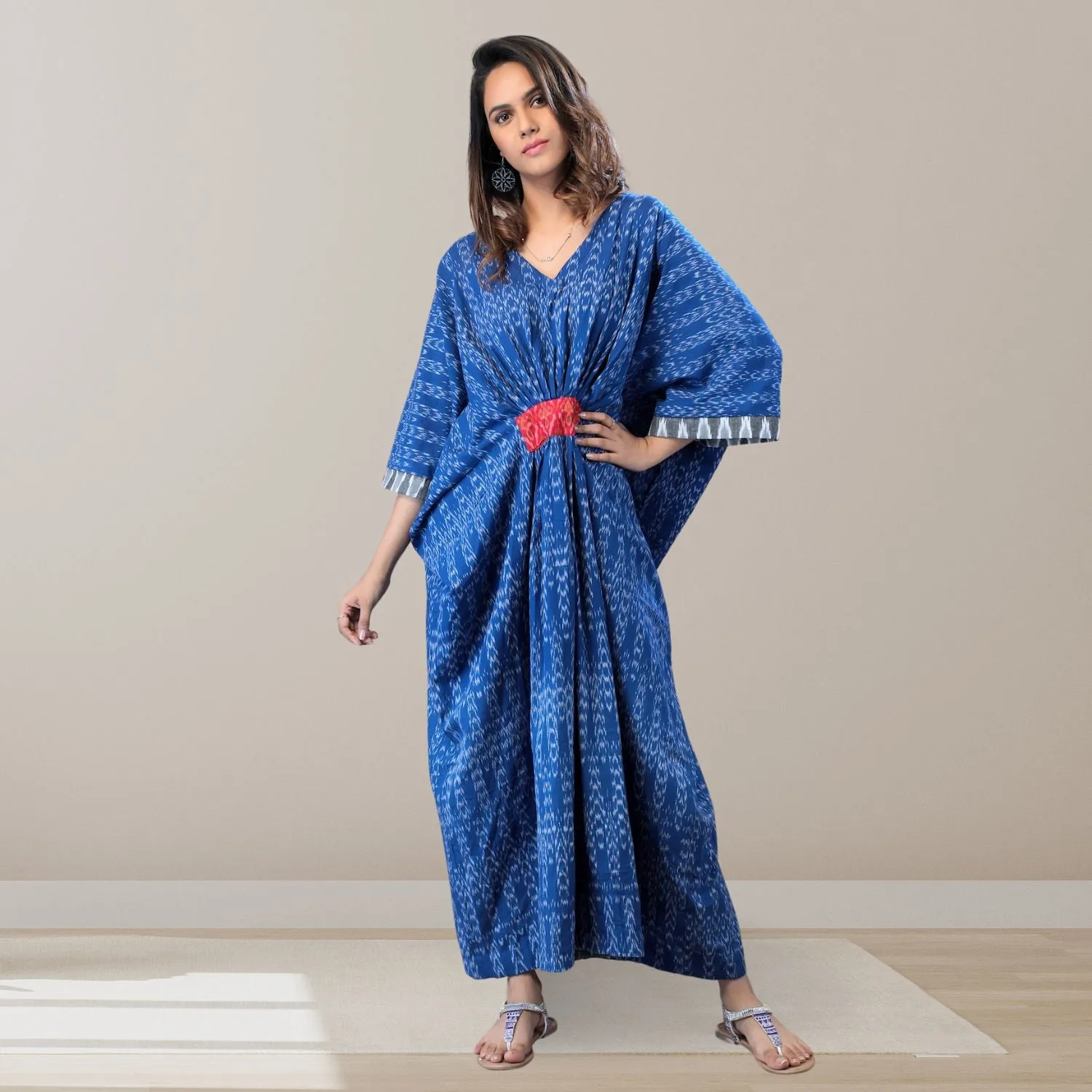 Mila Blue Ikat Kaftan Dress | Cotton | Hand-Crafted | Chic Essence