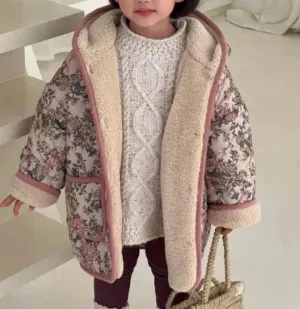 Pink Floral Wool Hooded Long Coat for Girls