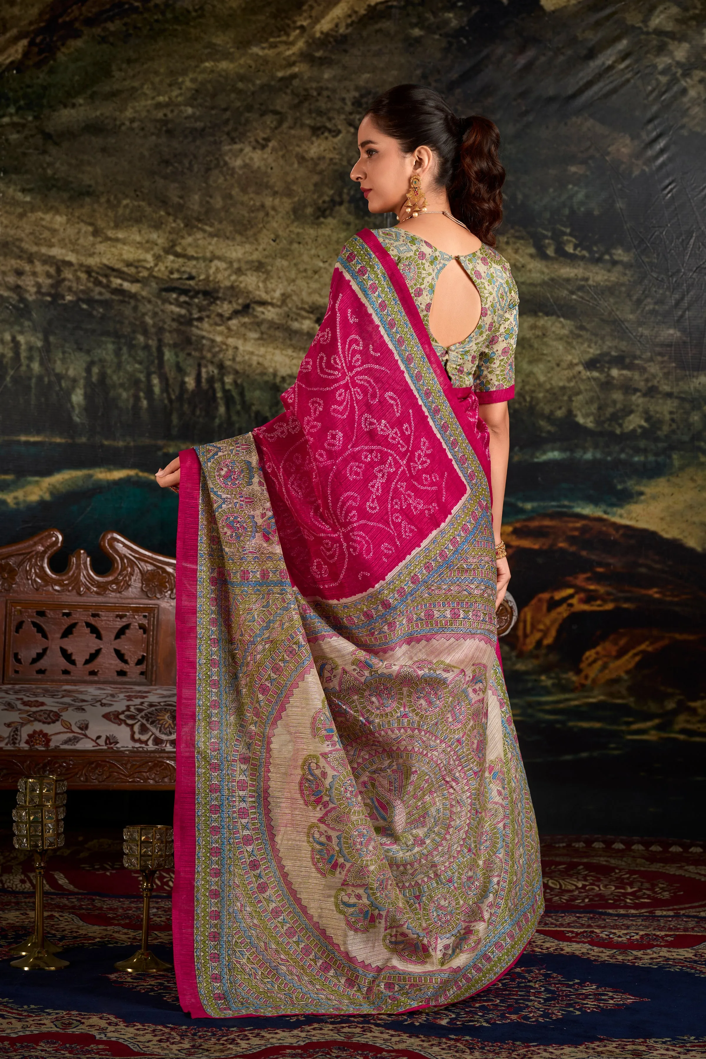 Pink Pure Green Silk Fusion Print Of Madhubani Bandhej Print Saree