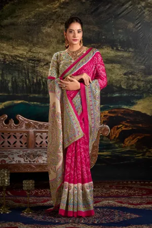 Pink Pure Green Silk Fusion Print Of Madhubani Bandhej Print Saree