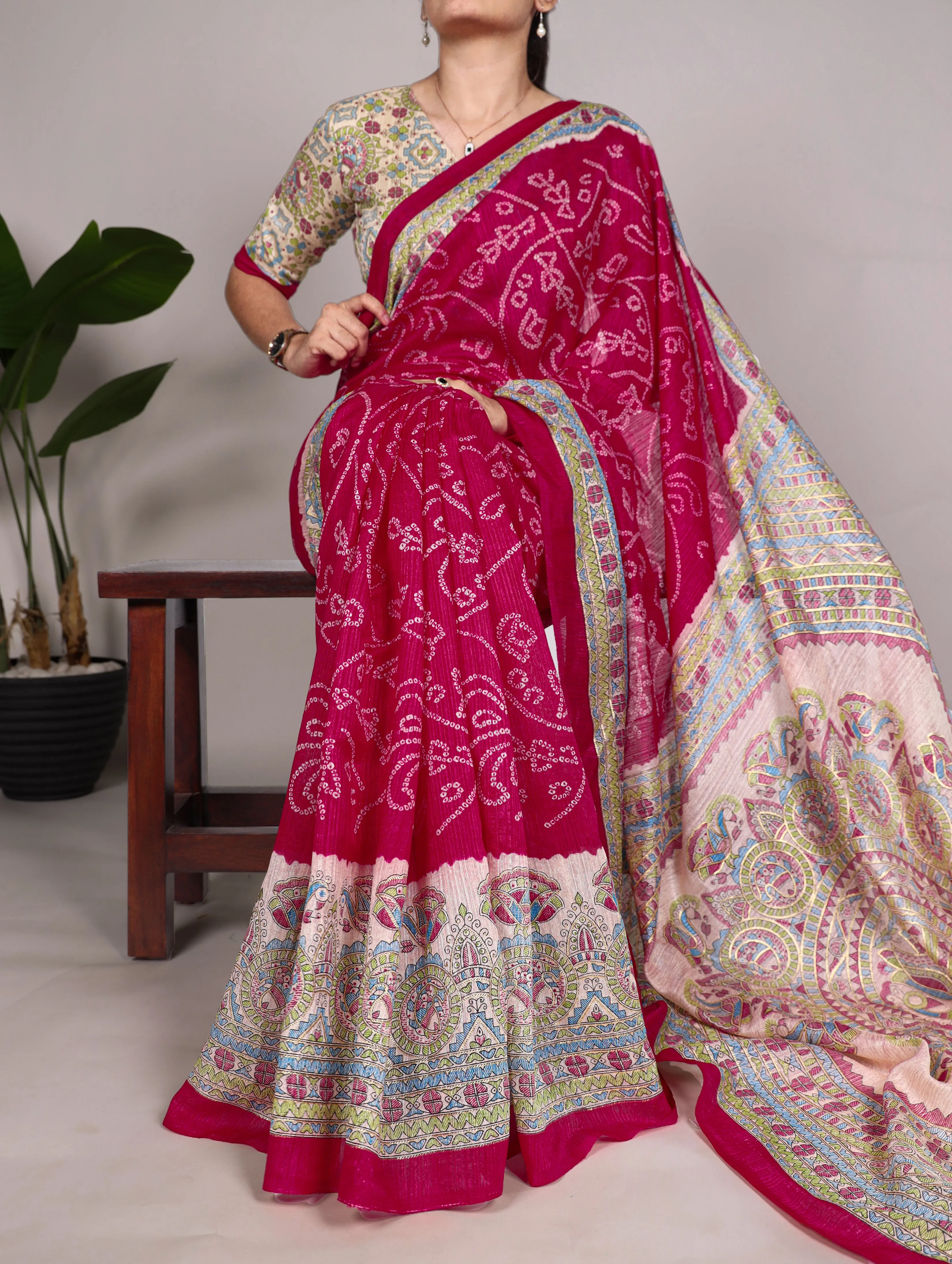 Pink Pure Green Silk Fusion Print Of Madhubani Bandhej Print Saree
