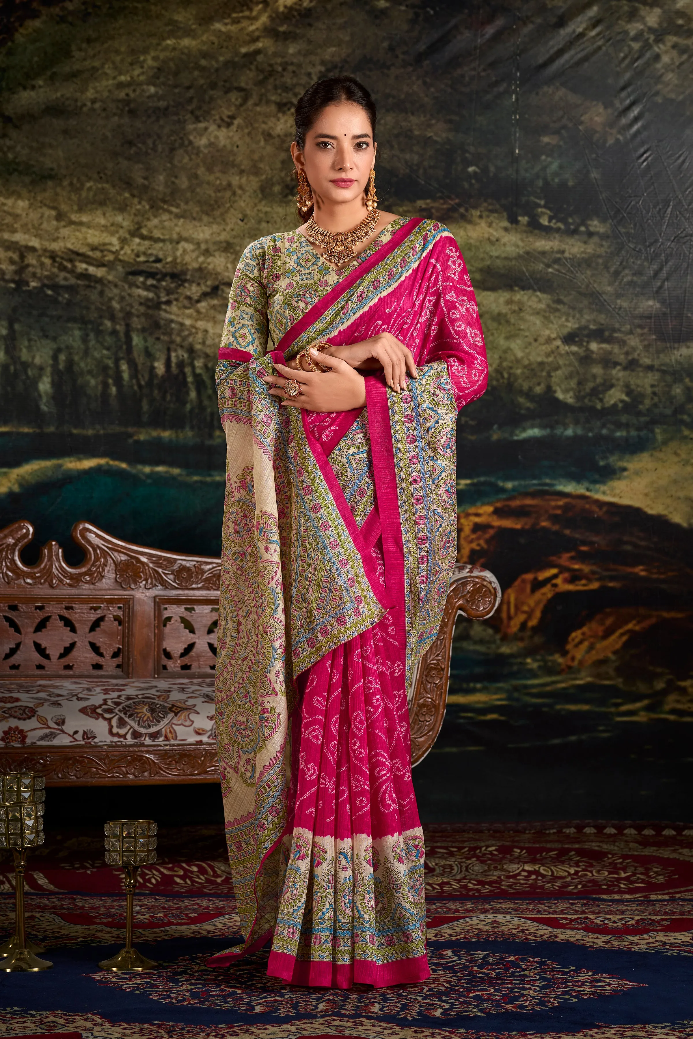 Pink Pure Green Silk Fusion Print Of Madhubani Bandhej Print Saree