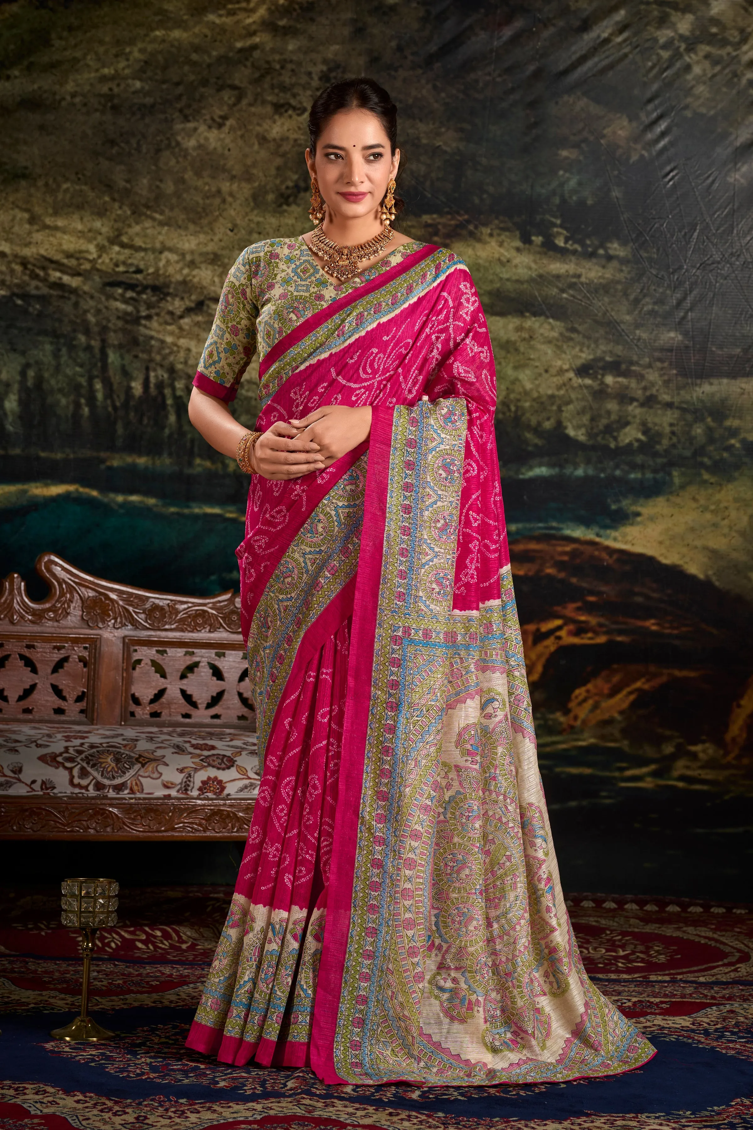 Pink Pure Green Silk Fusion Print Of Madhubani Bandhej Print Saree