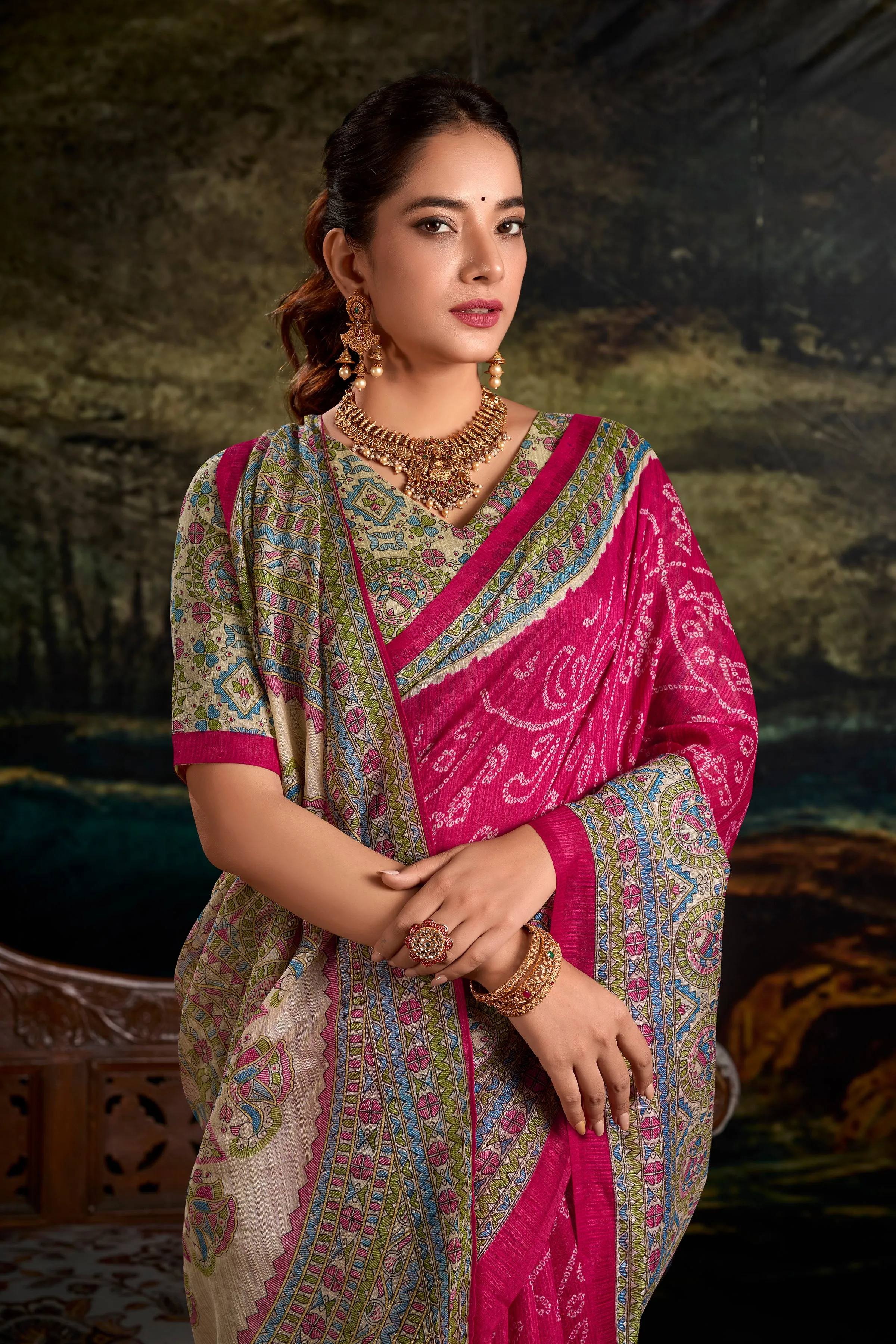 Pink Pure Green Silk Fusion Print Of Madhubani Bandhej Print Saree