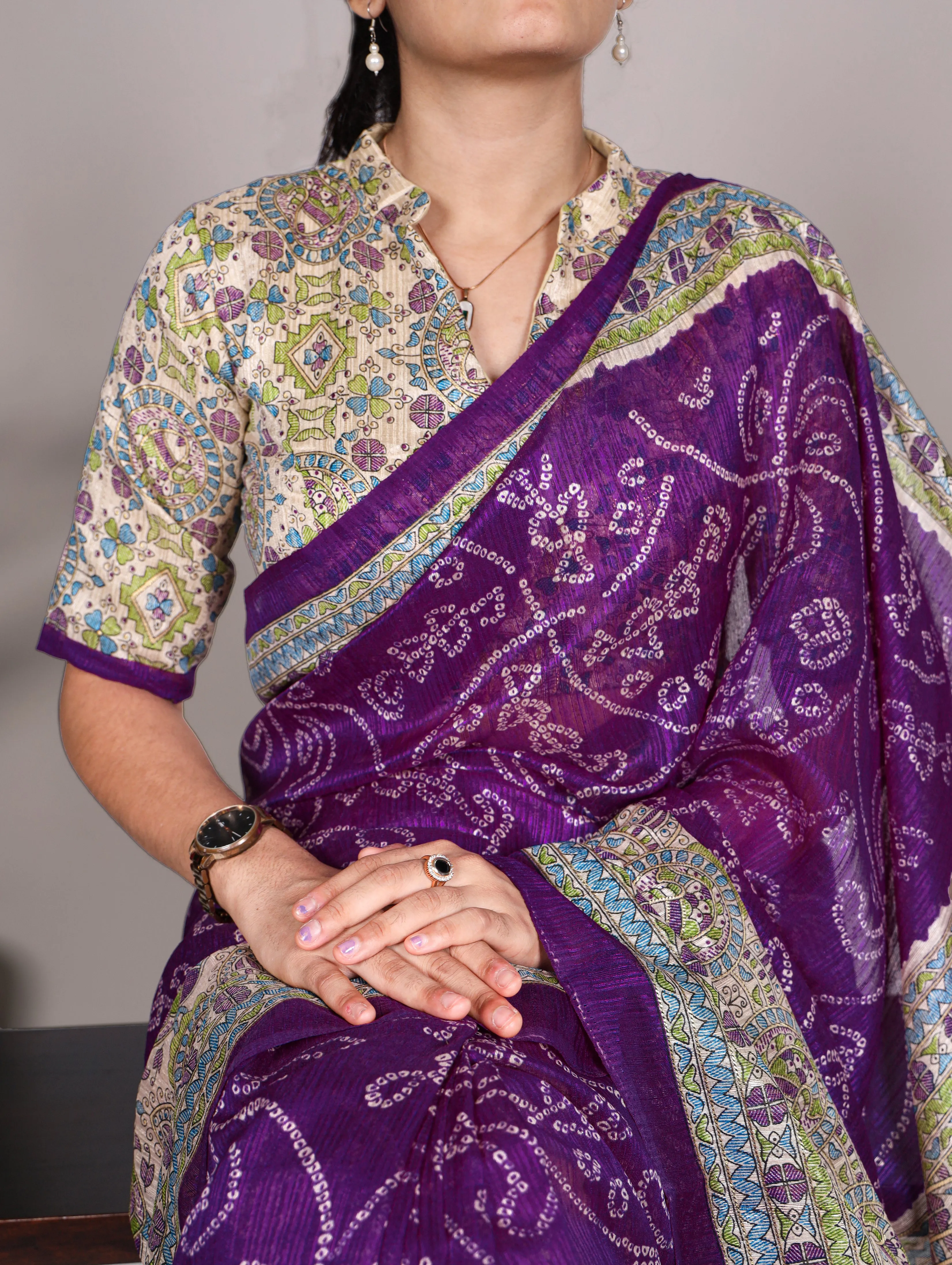 Purple Pure Green Silk Fusion Print Of Madhubani Bandhej Print Saree