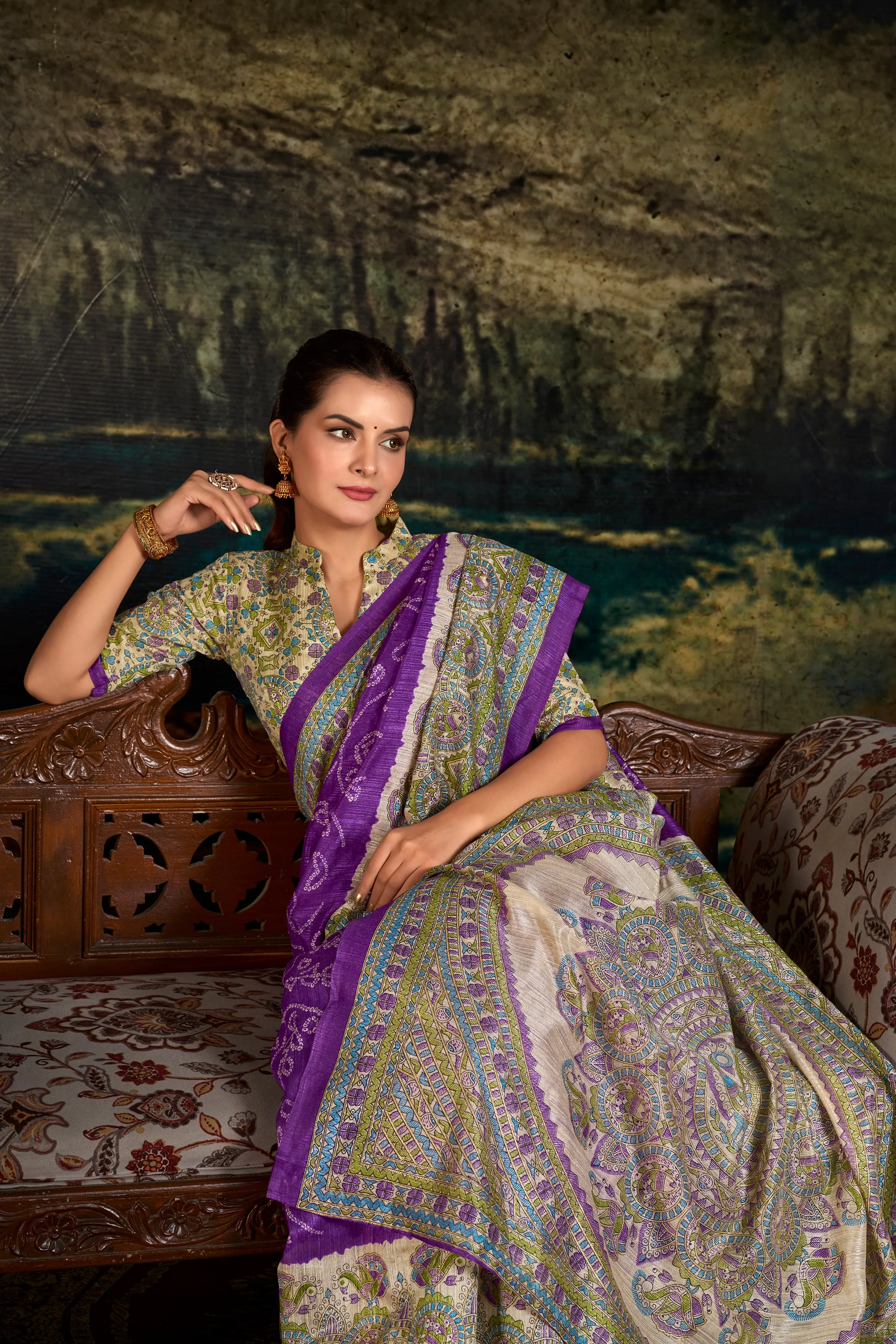 Purple Pure Green Silk Fusion Print Of Madhubani Bandhej Print Saree