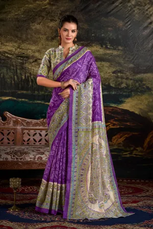 Purple Pure Green Silk Fusion Print Of Madhubani Bandhej Print Saree