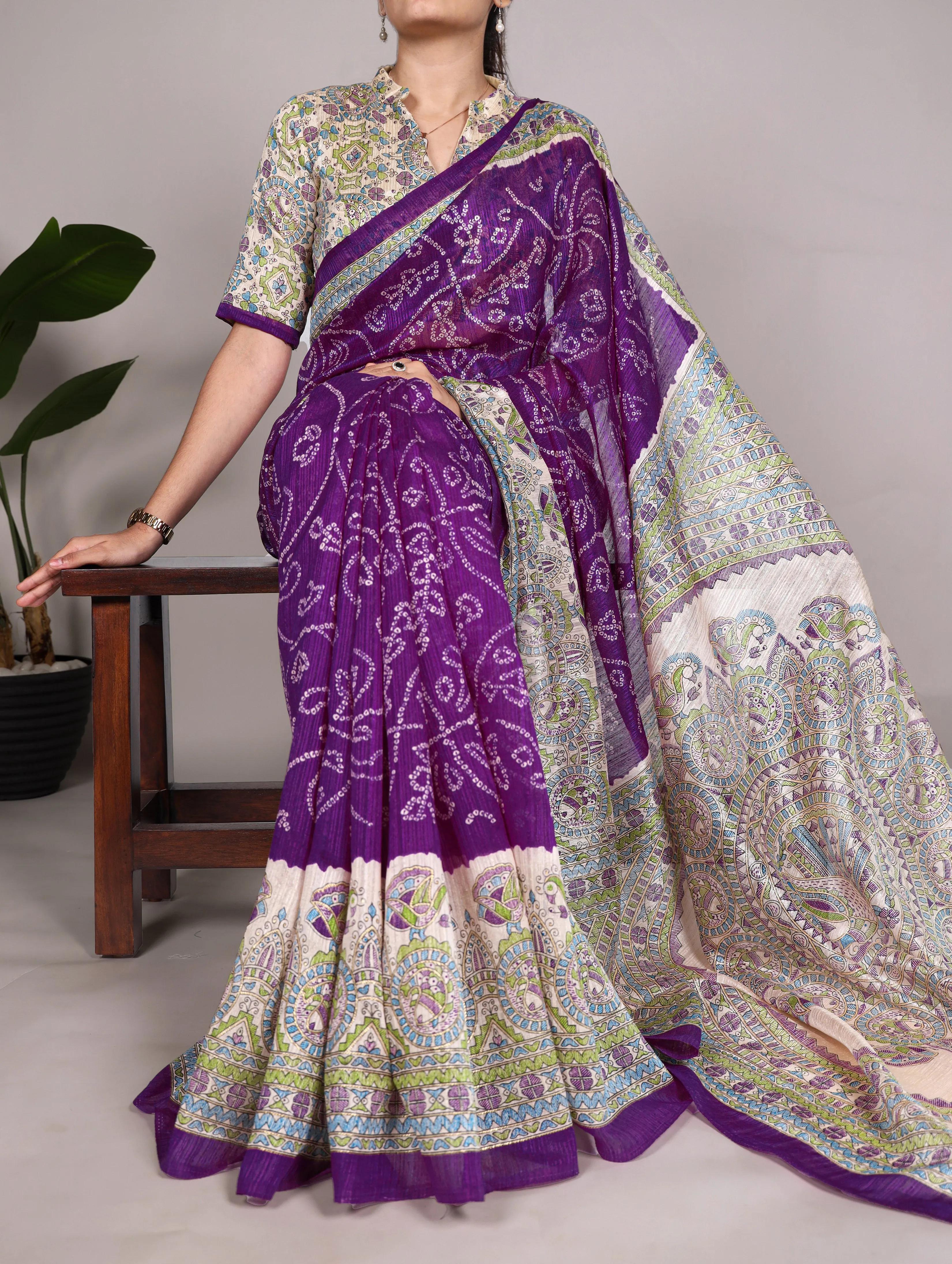 Purple Pure Green Silk Fusion Print Of Madhubani Bandhej Print Saree