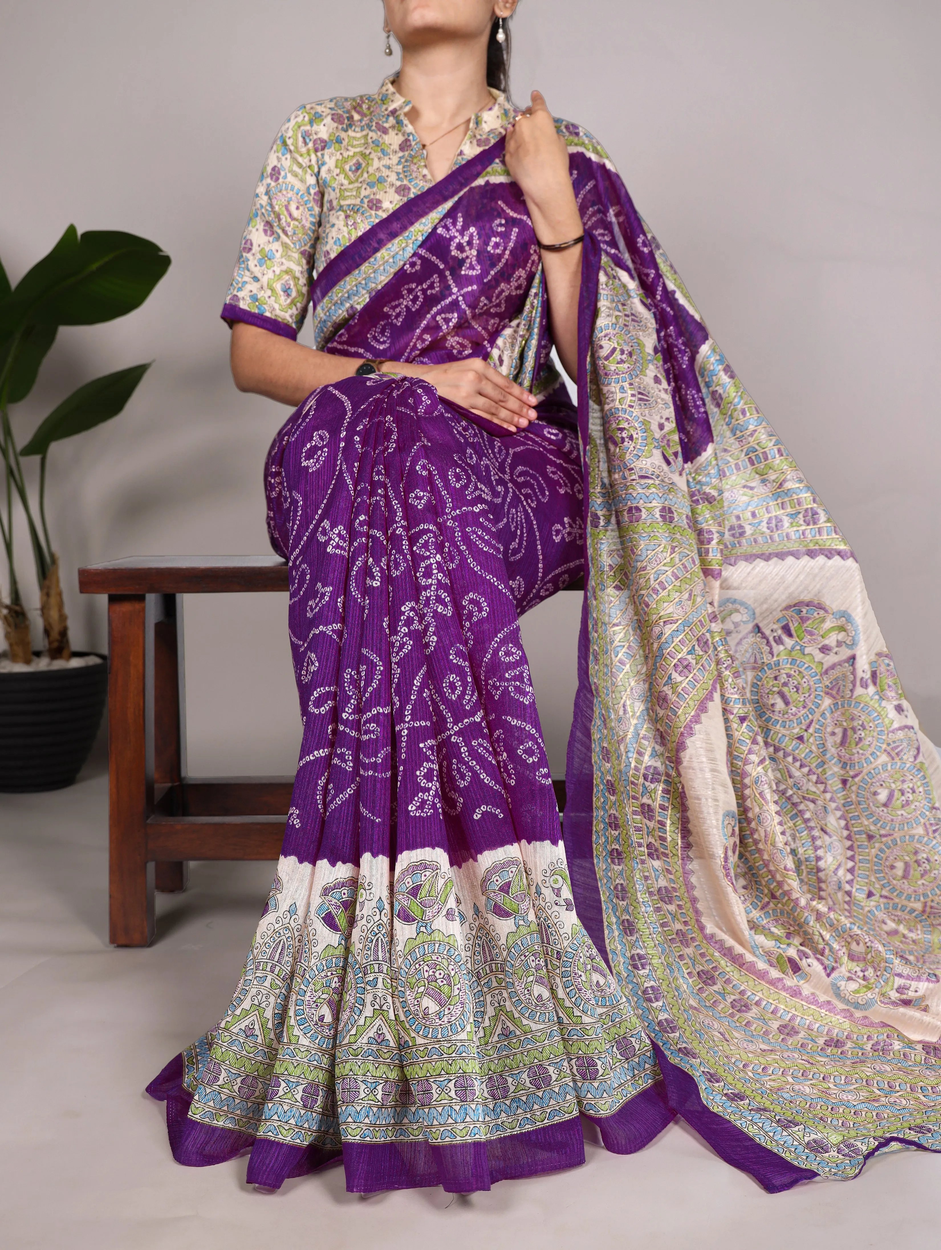 Purple Pure Green Silk Fusion Print Of Madhubani Bandhej Print Saree