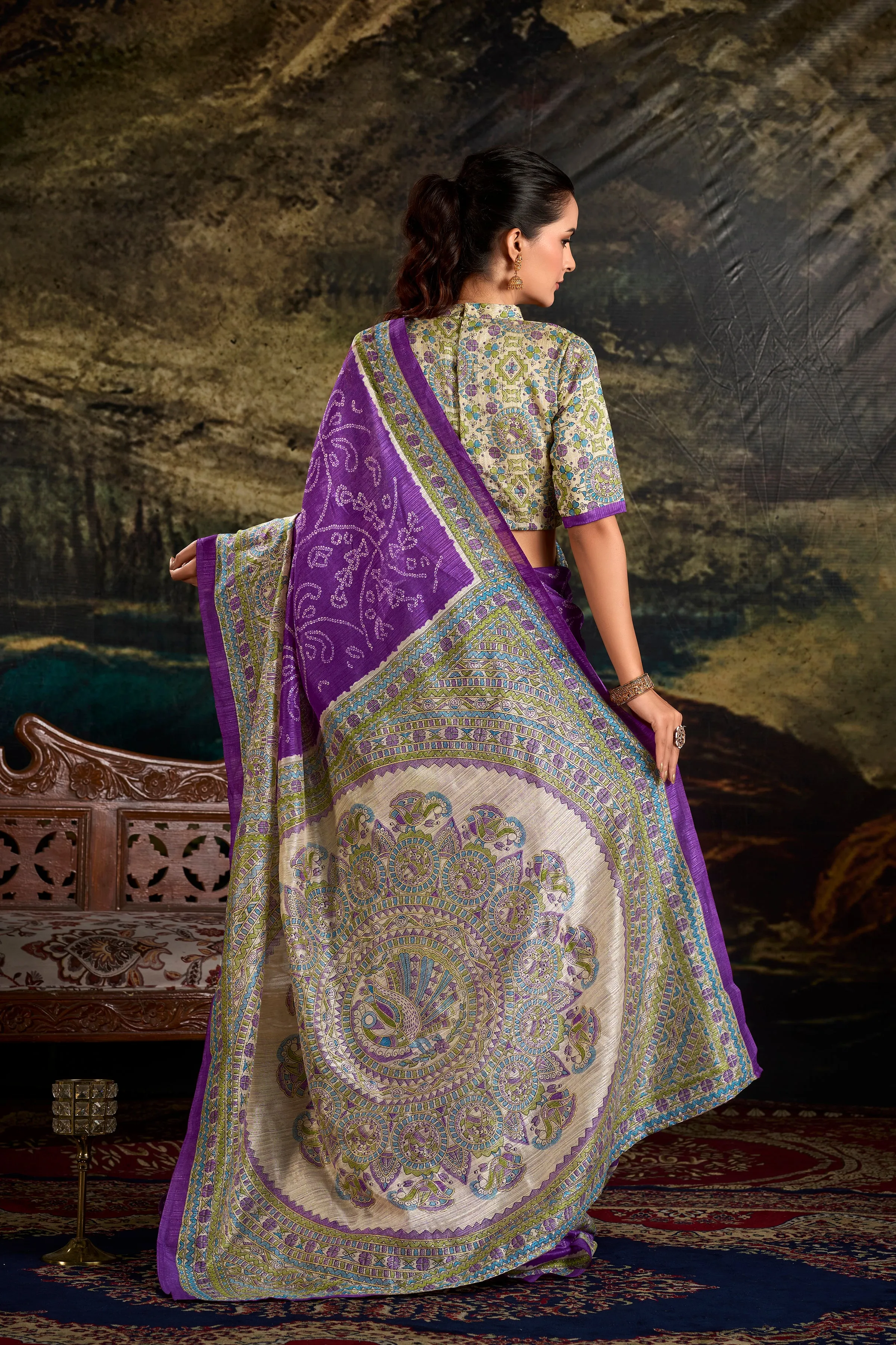 Purple Pure Green Silk Fusion Print Of Madhubani Bandhej Print Saree