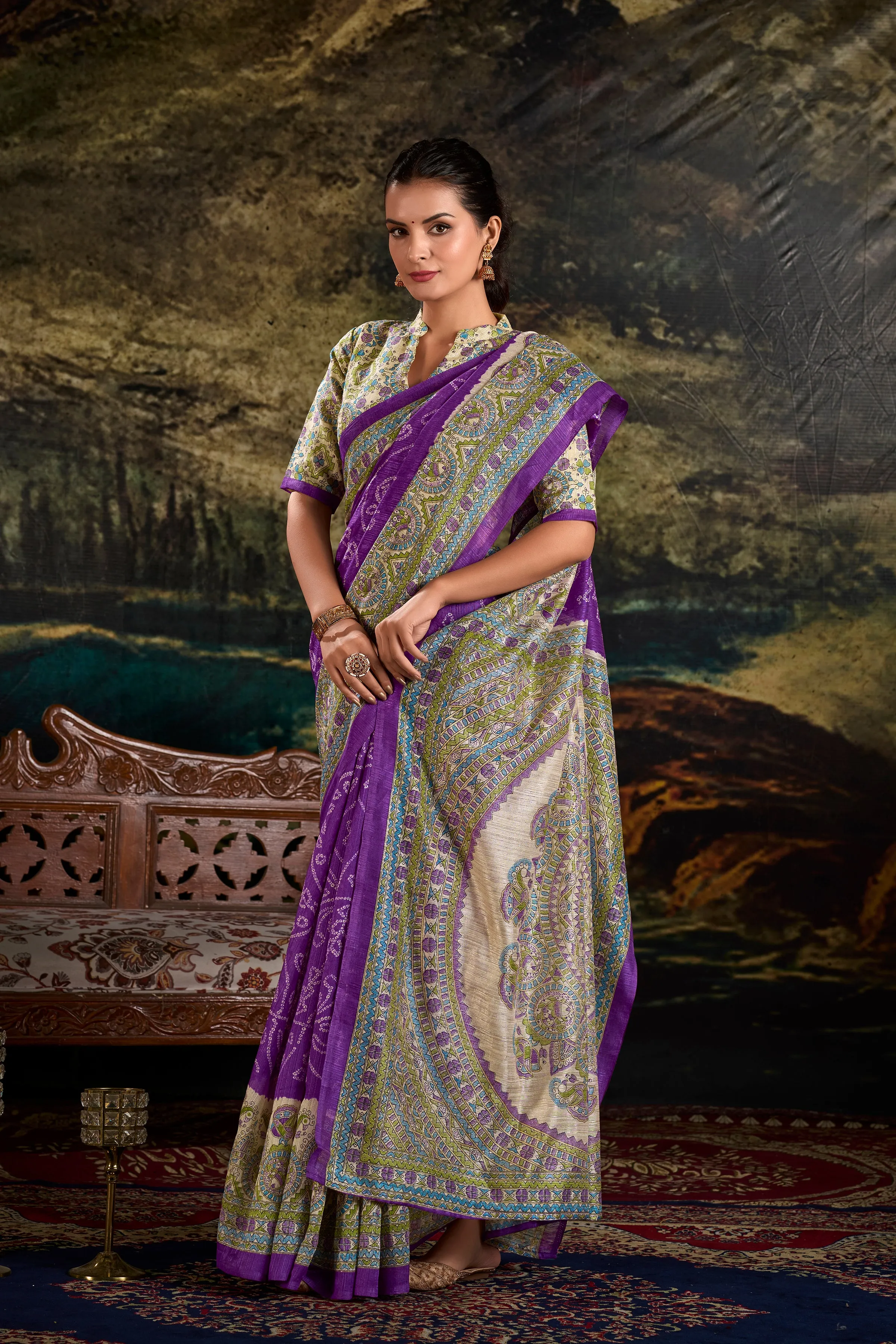 Purple Pure Green Silk Fusion Print Of Madhubani Bandhej Print Saree
