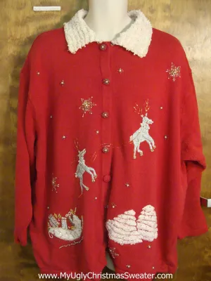 Reindeer Pulling Sleigh Cheesy Christmas Sweater