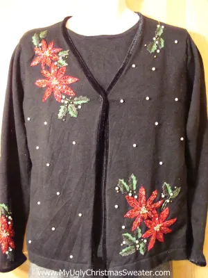 Tacky Cheap Ugly Christmas Sweater "Set" with Bling Poinsettias (f644)