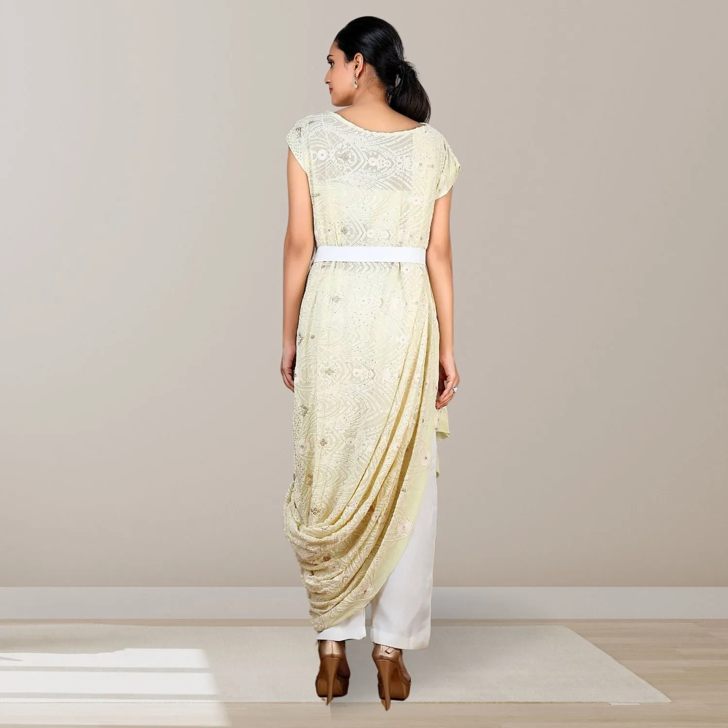 Tarifa Lucknowi Co-ord Set | Embellished | Lemon Yellow & White