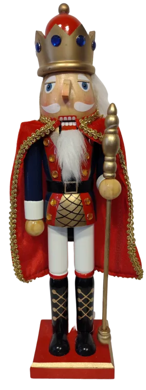 Wooden Fancy Nutcracker with Cape Red/Gold/Blue & Gold Scepter 15"
